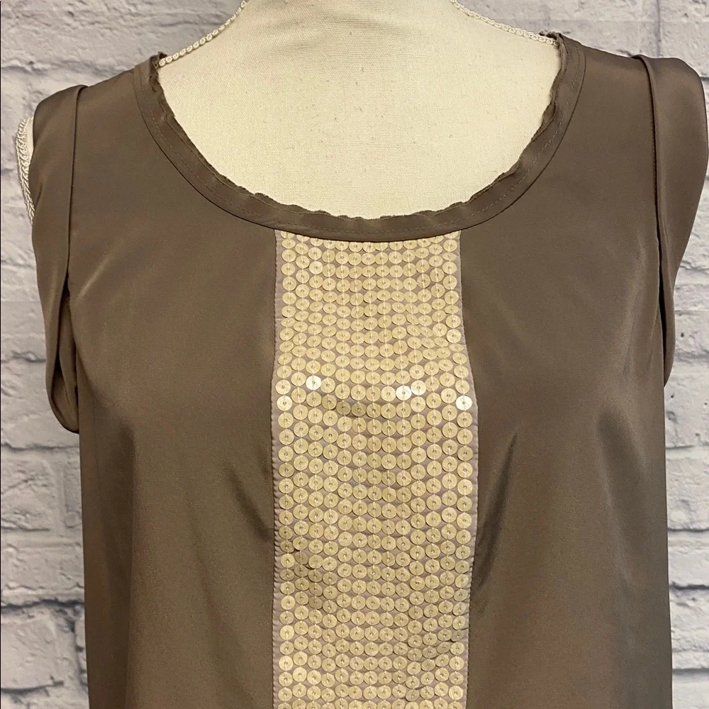Ann Taylor Loft Satin Brown Sleeveless Top with Cream Sequins Size MP - Picture 2 of 9